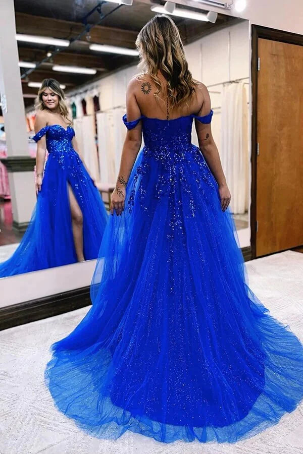 Wholesa A-line Off-the-Shoulder Lace Appliques Tulle Prom Dress With Slit
