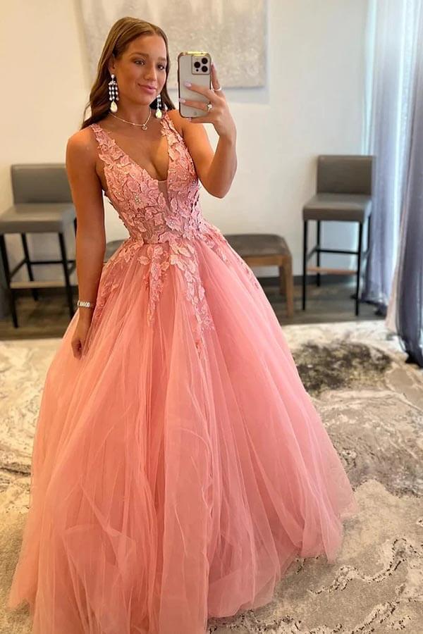Wholesa A-line V-neck Princess Prom Dresses With Appliques