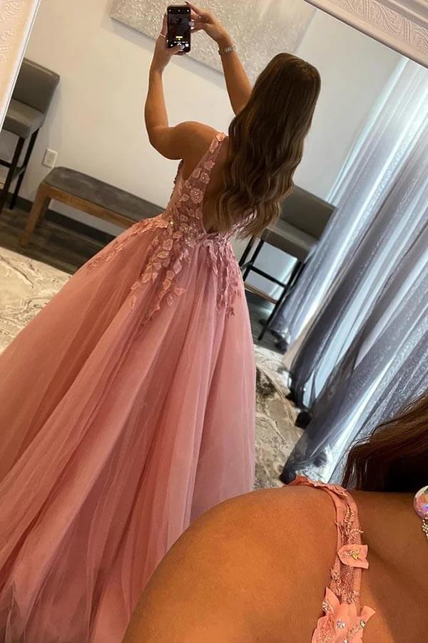 Wholesa A-line V-neck Princess Prom Dresses With Appliques