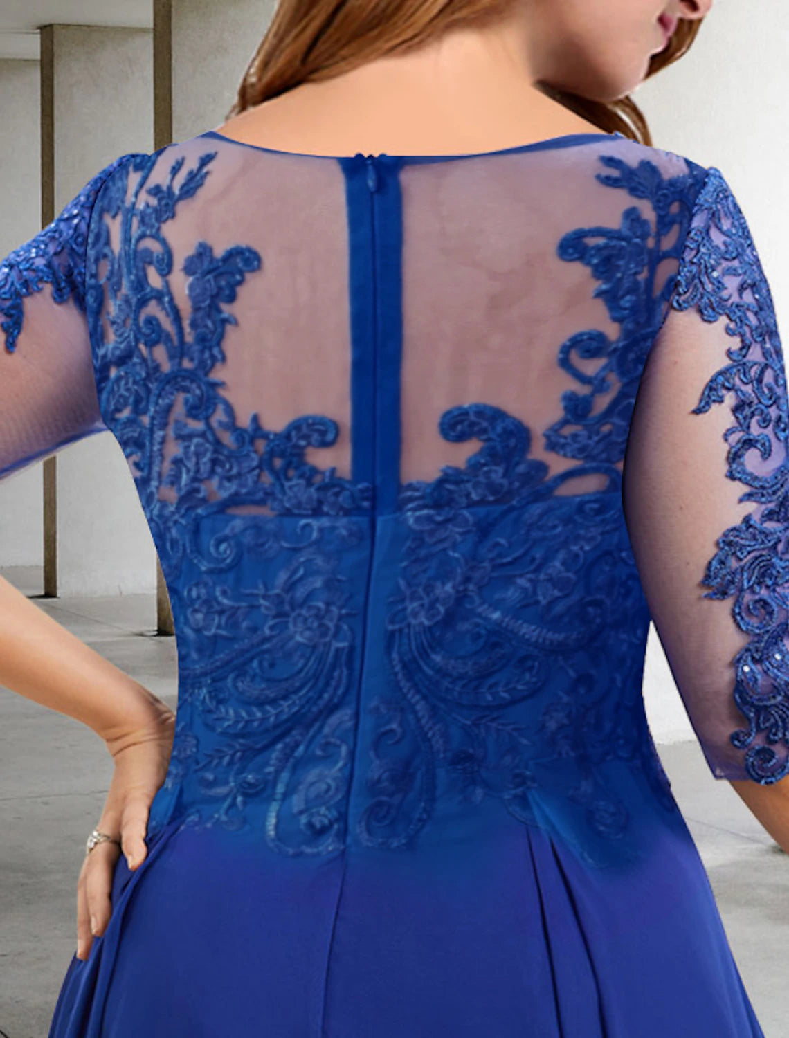 Wholesa A-Line Plus Size Curve Mother of the Bride Dresses Elegant Dress Formal Wedding Guest Tea Length Half Sleeve Jewel Neck Chiffon with Pleats Sequin Appliques