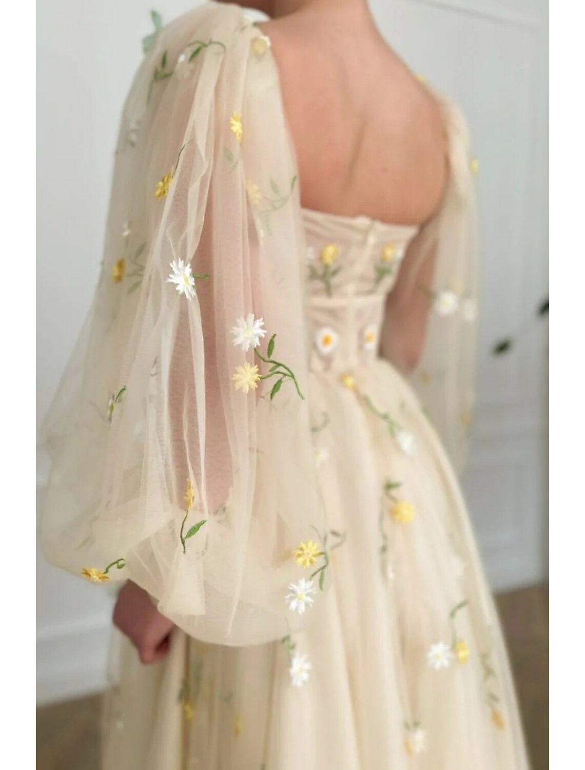 Wholesa A-Line Prom Party Dress Floral Dress Wedding Guest Engagement Ankle Length Long Sleeve Sweetheart Lace Backless with Pleats Ruched