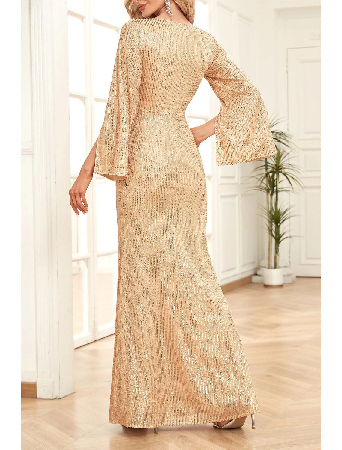 Wholesa  Mermaid / Trumpet Mother of the Bride Dress Wedding Guest Party Sparkle & Shine Scoop Neck V Neck Floor Length Sequined 3/4 Length Sleeve with Ruching Solid Color