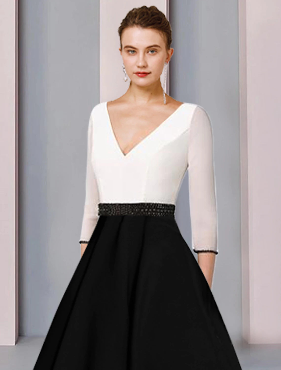 wholesale A-Line Mother of the Bride Dress Wedding Guest Elegant V Neck Tea Length Chiffon Satin Short Sleeve with Sash / Ribbon Color Block