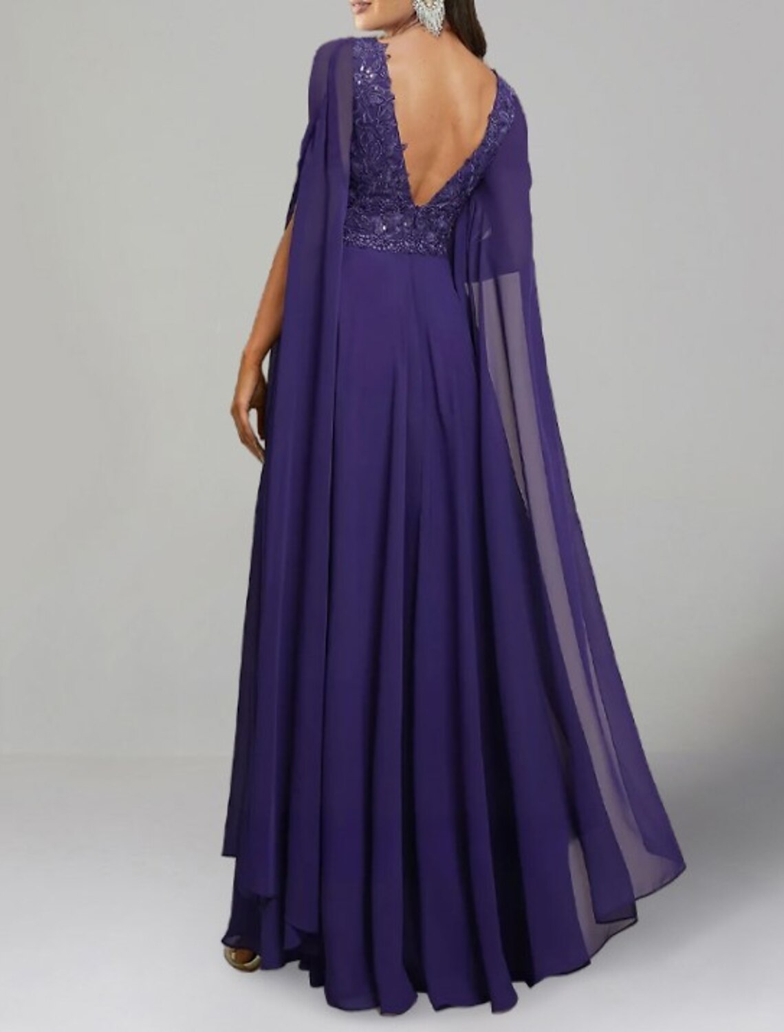 Wholesa A-Line Evening Gown Elegant Dress Formal Wedding Guest Floor Length Long Sleeve V Neck Chiffon Backless with Slit Appliques