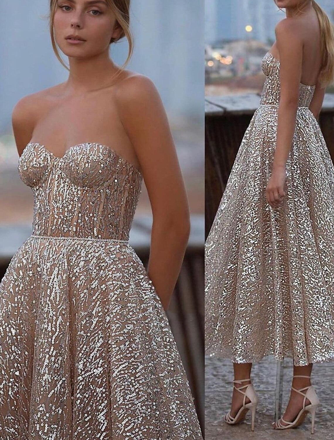 Wholesa A-Line Evening Gown Corsets Dress Party Wear Prom Tea Length Sleeveless Strapless Tulle with Sequin