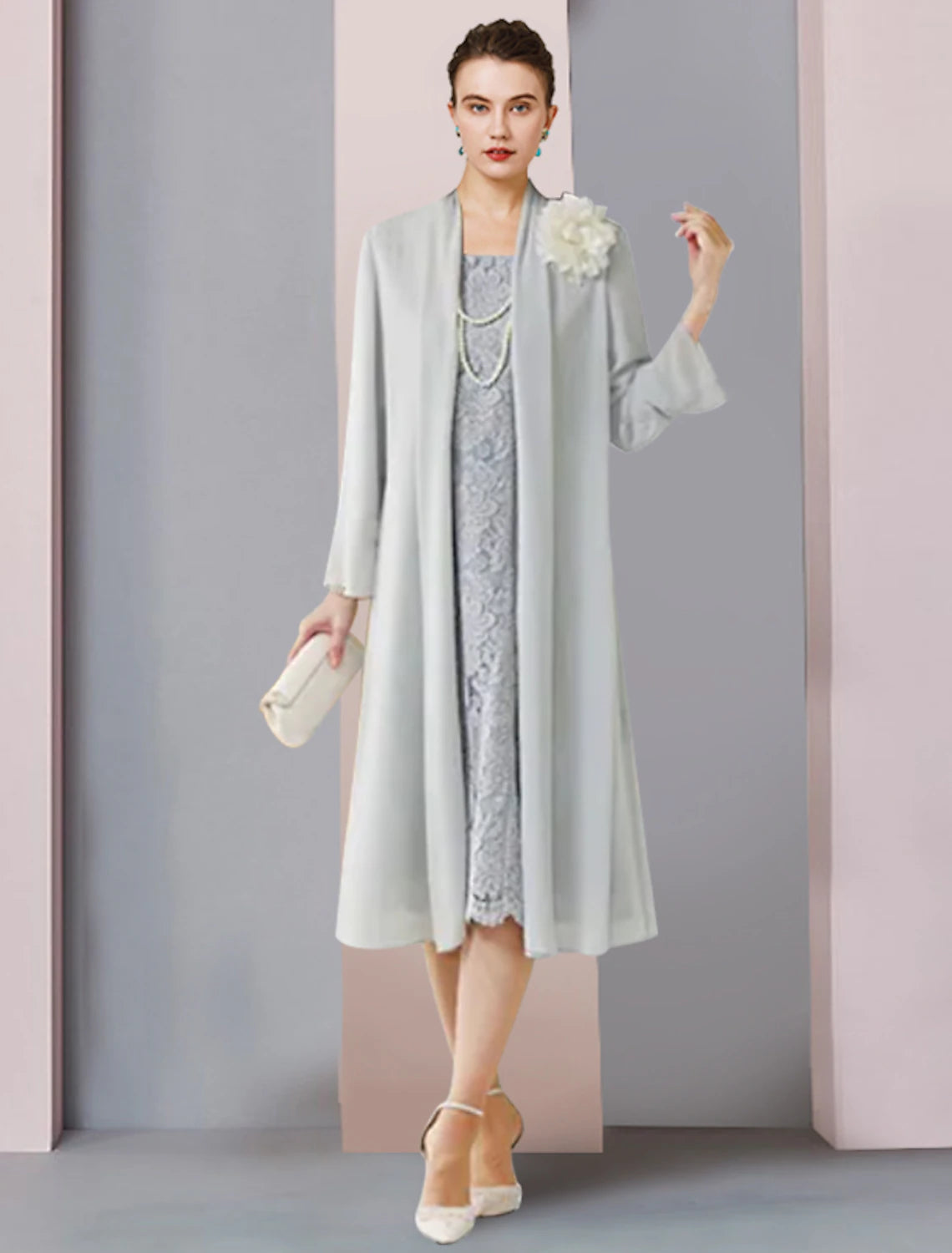wholesale  Two Piece Sheath / Column Mother of the Bride Dress Formal Wedding Guest Vintage Elegant Scoop Neck Tea Length Chiffon Lace 3/4 Length Sleeve Jacket Dresses with Flower