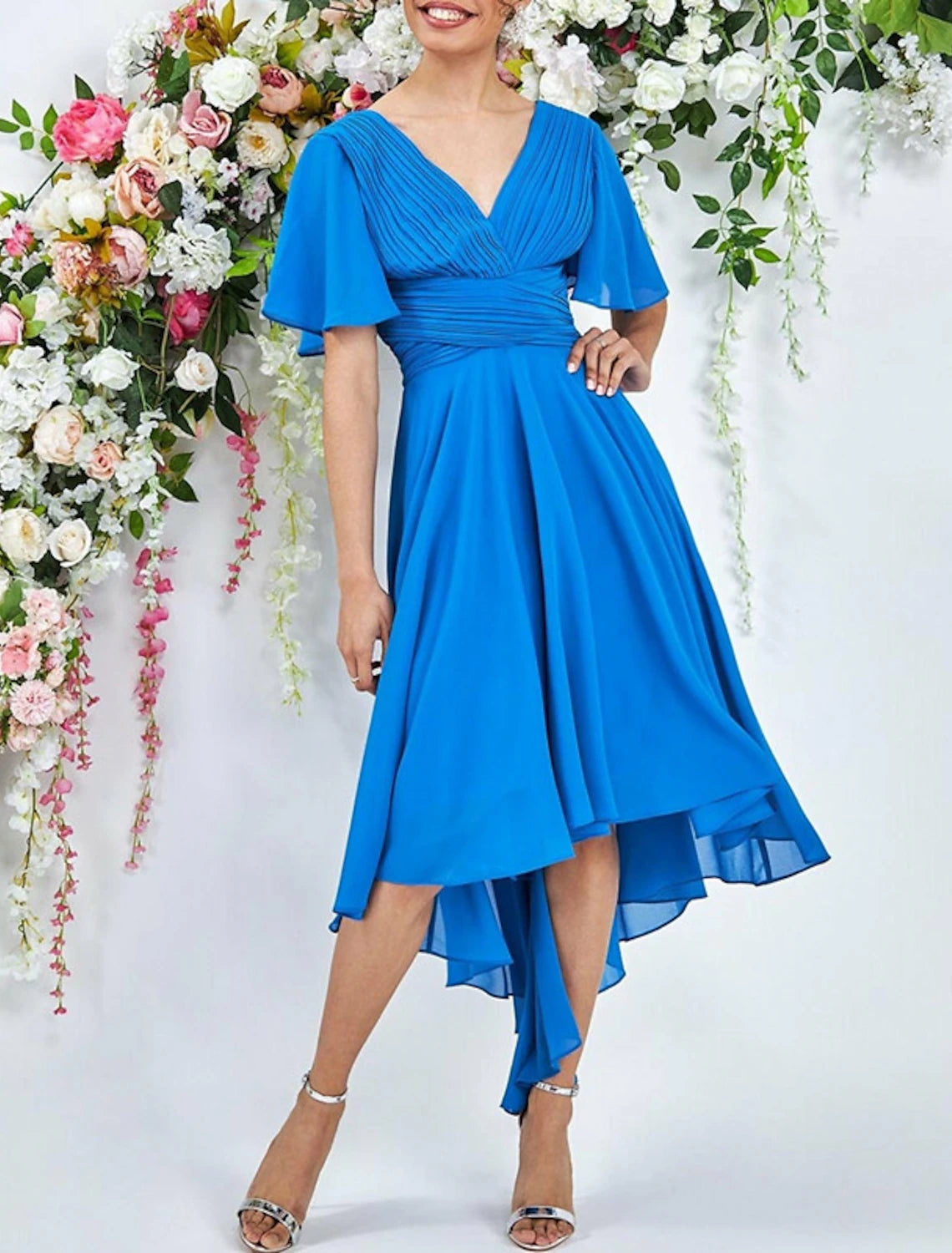 Wholesa A-Line Cocktail Dresses Elegant Dress Wedding Summer Asymmetrical Sleeveless V Neck Chiffon with Ruched