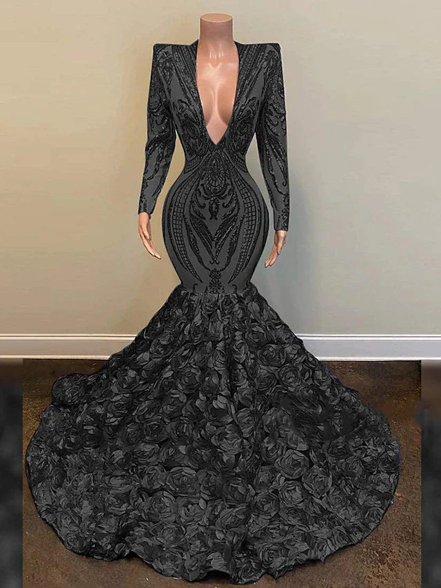 Wholesa Mermaid / Trumpet Sparkle Evening Dress Sexy Engagement Formal Floral Wedding Dress V Neck Long Sleeve Chapel Train Sequined African