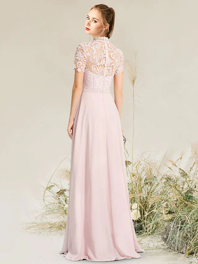 Wholesa A-Line Evening Gown Empire Dress Engagement Floor Length Short Sleeve High Neck Chiffon with Pleats