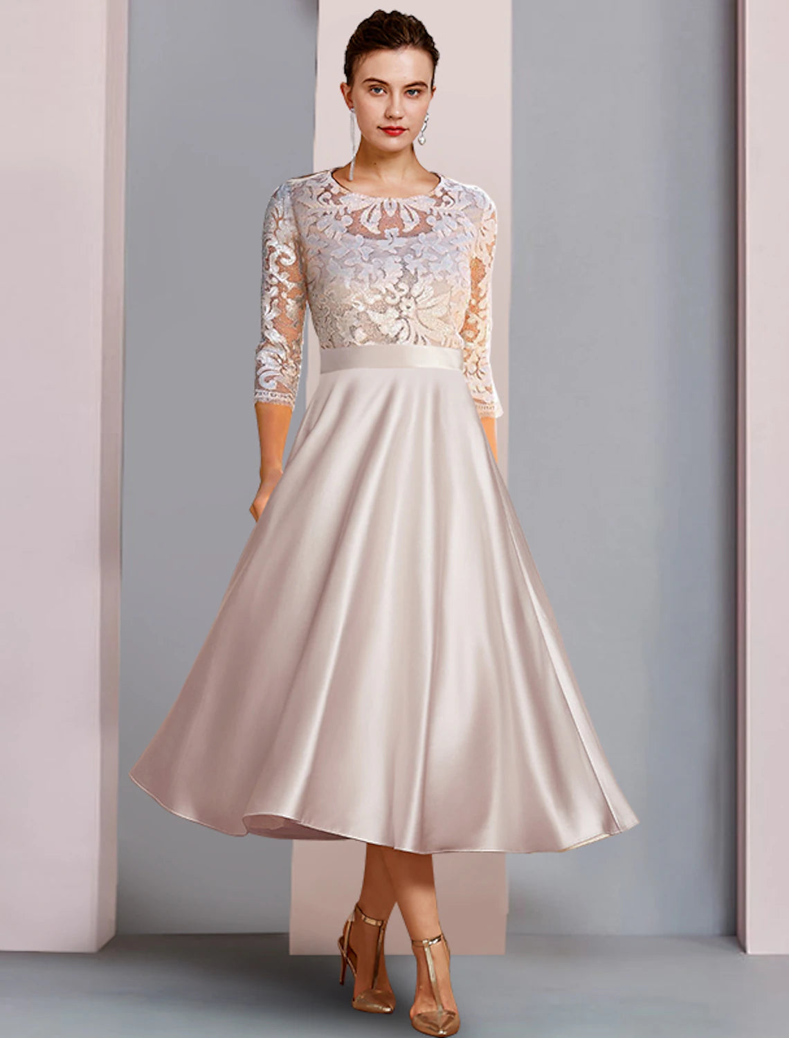 wholesale  A-Line Mother of the Bride Dress Wedding Guest Party Elegant Scoop Neck Tea Length Satin Lace 3/4 Length Sleeve with Appliques