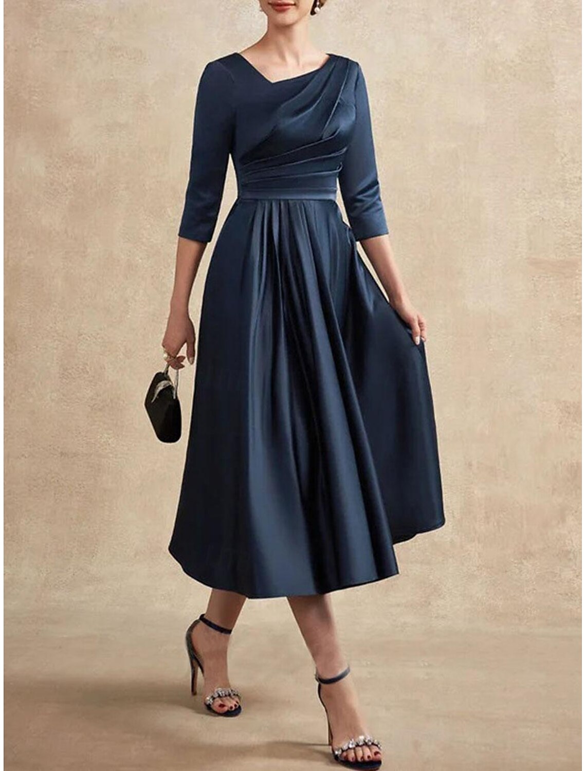 Wholesa A-Line Mother of the Bride Dress Wedding Guest Elegant Vintage Scalloped Neckline Tea Length Satin 3/4 Length Sleeve with Tassel