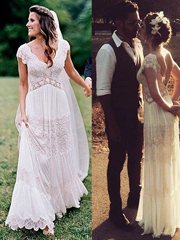 Wholesa A-Line/Princess Lace V-neck Ruched Short Sleeves Floor-Length Wedding Dresses
