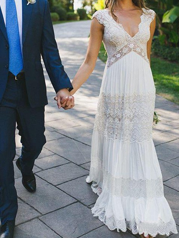 Wholesa A-Line/Princess Lace V-neck Ruched Short Sleeves Floor-Length Wedding Dresses