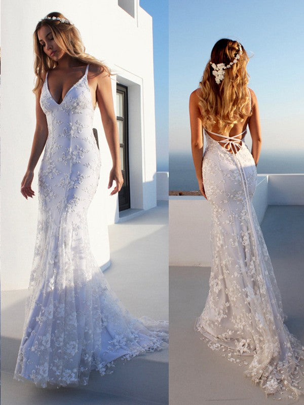 Wholesa  Trumpet/Mermaid Spaghetti Straps Sleeveless Lace Court Train Wedding Dresses