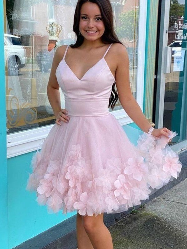 Wholesa  A-Line/Princess Tulle Hand-Made Flower V-neck Sleeveless Short/Mini Dresses