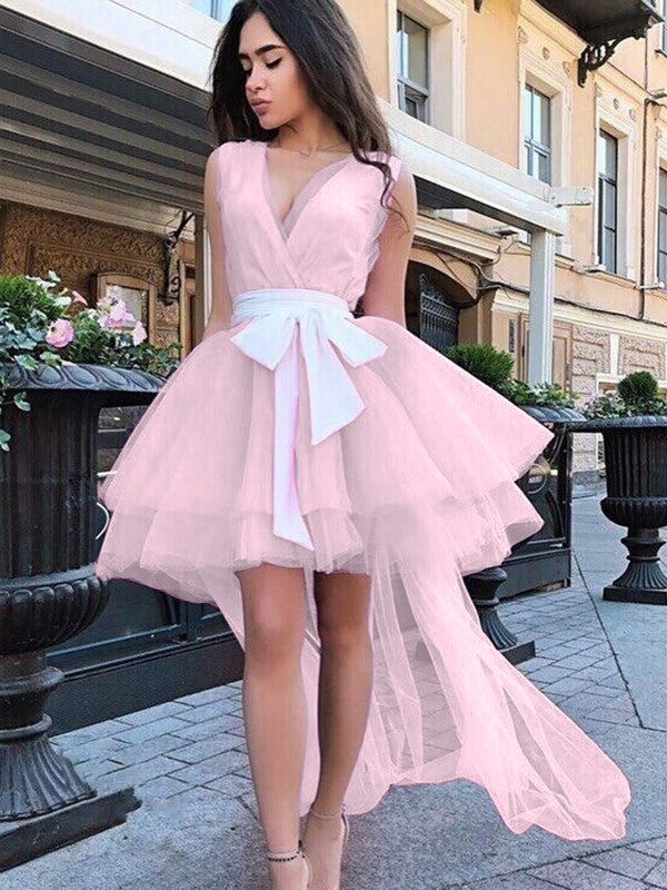 Wholesa  A-Line/Princess Tulle Sash/Ribbon/Belt V-neck Sleeveless Short/Mini Dresses