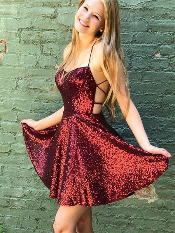 Wholesa  A-Line/Princess Sequins Ruffles Spaghetti Straps Sleeveless Short/Mini Dresses