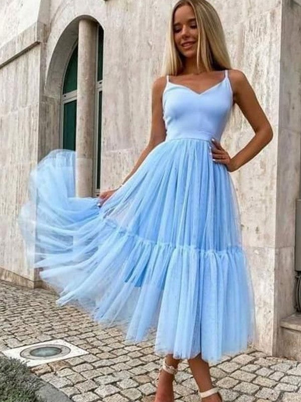 Wholesa  A-Line/Princess Tulle Ruffles V-neck Sleeveless Tea-Length Dresses