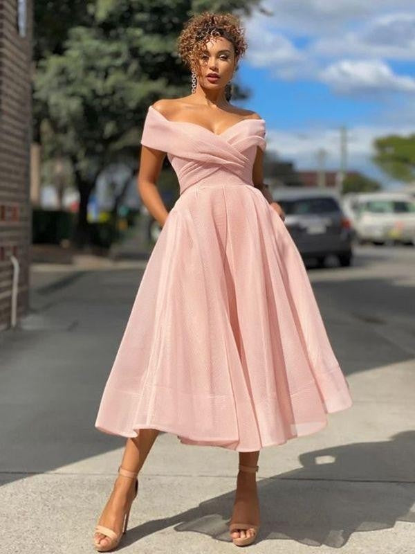 Wholesa  A-Line/Princess Other Ruched Off-the-Shoulder Sleeveless Tea-Length Dresses