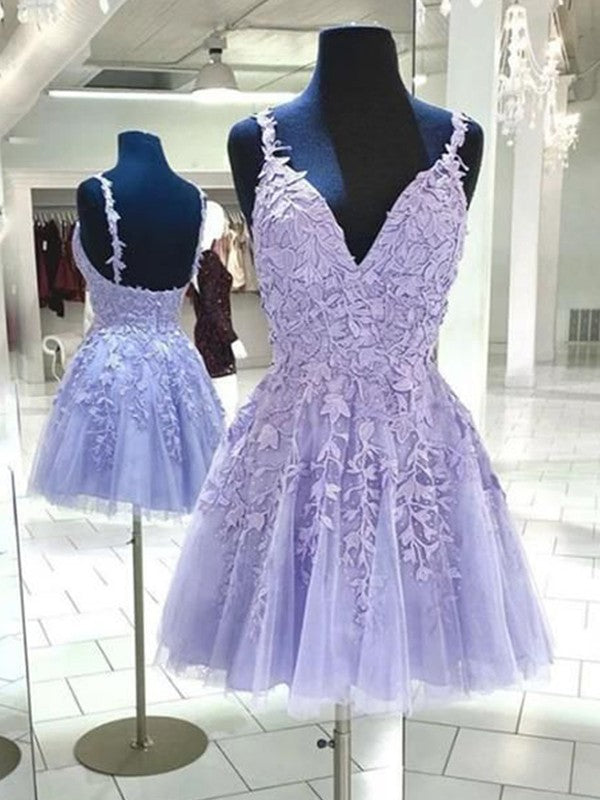 Wholesa  A-Line/Princess Tulle Applique V-neck Sleeveless Short/Mini Dresses