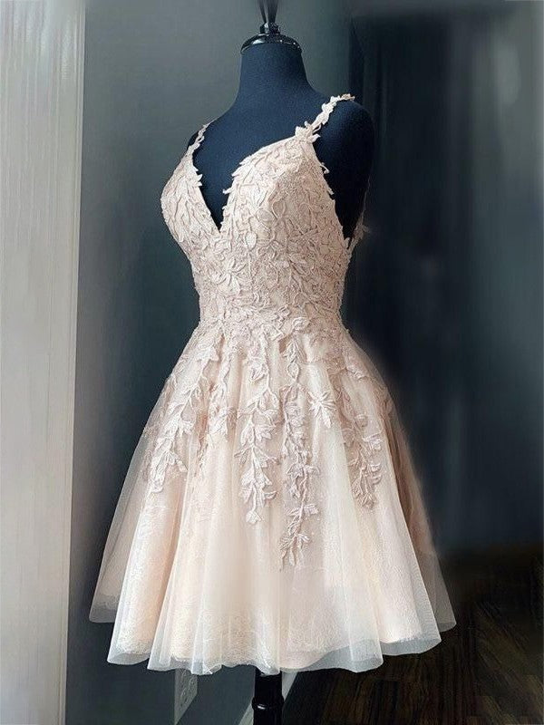 Wholesa  A-Line/Princess Tulle Applique V-neck Sleeveless Short/Mini Dresses