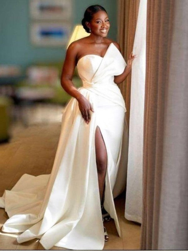 sheath/column strapless satin sweep/brush train sleeveless dresses Sheath/Column Spaghetti Straps Sleeveless Sweep/Brush Train Dresses