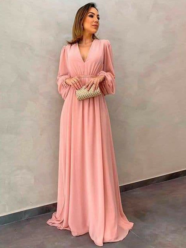 Wholesa  A-Line/Princess Chiffon Ruffles V-neck Long Sleeves Sweep/Brush Train Mother of the Bride Dresses