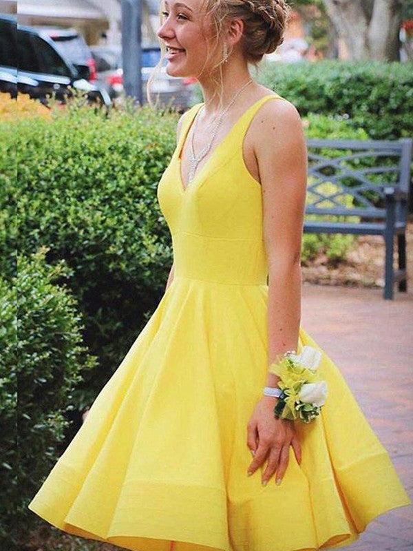 Wholesa  A-Line/Princess Satin Ruffles V-neck Sleeveless Short/Mini Dresses