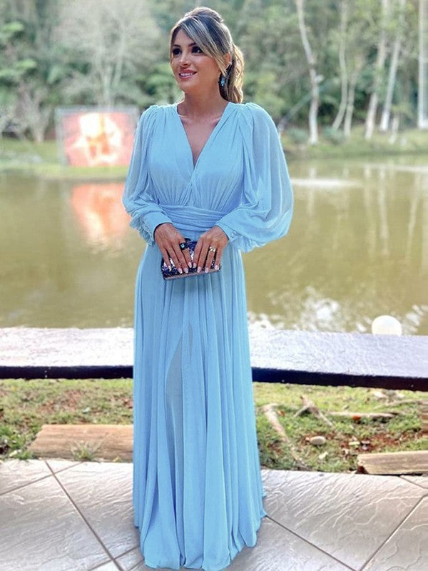 Wholesa  A-Line/Princess Chiffon Ruffles V-neck Long Sleeves Floor-Length Mother of the Bride Dresses