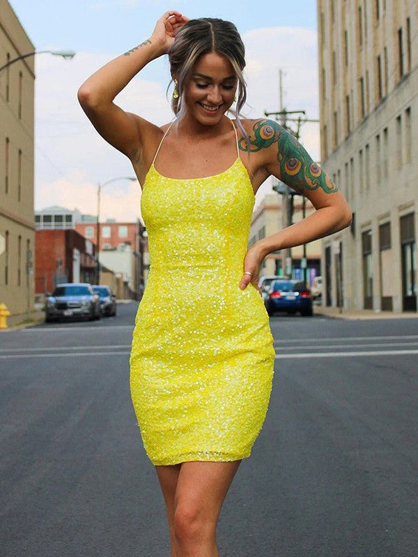 Wholesa  Sheath/Column Sequins Spaghetti Straps Sleeveless Short/Mini Dresses