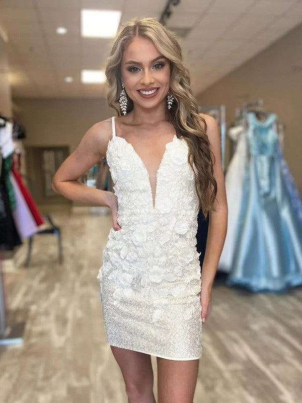 Wholesa  Sheath/Column Sequins Hand-Made Flower V-neck Sleeveless Short/Mini Dresses