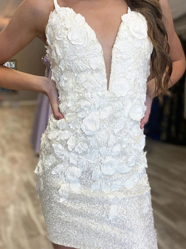 Wholesa  Sheath/Column Sequins Hand-Made Flower V-neck Sleeveless Short/Mini Dresses