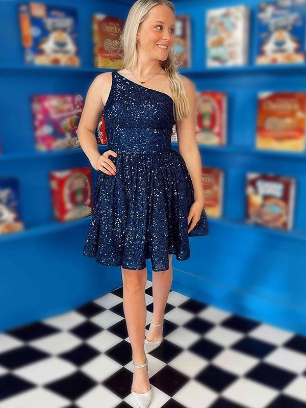 Wholesa  A-Line/Princess Sequins Ruffles One-Shoulder Sleeveless Short/Mini Dresses