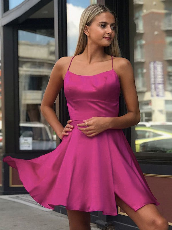 Wholesa  A-Line/Princess Woven Satin Ruffles Spaghetti Straps Sleeveless Short/Mini Dresses