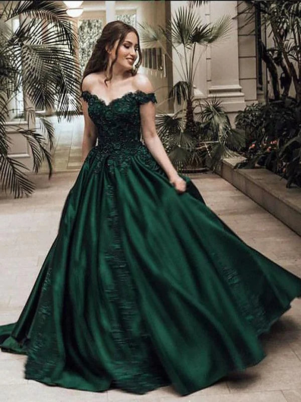 Wholesa Ball Gown Off-the-Shoulder Sleeveless Floor-Length Lace Satin Prom Dresses