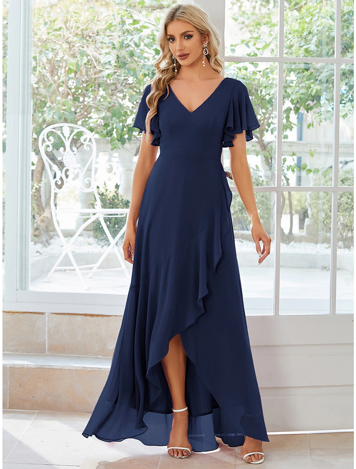 wholesale  A-Line Wedding Guest Dresses Casual Dress Party Dress Wedding Party Asymmetrical Short Sleeve V Neck Bridesmaid Dress Chiffon with Ruffles Pure Color