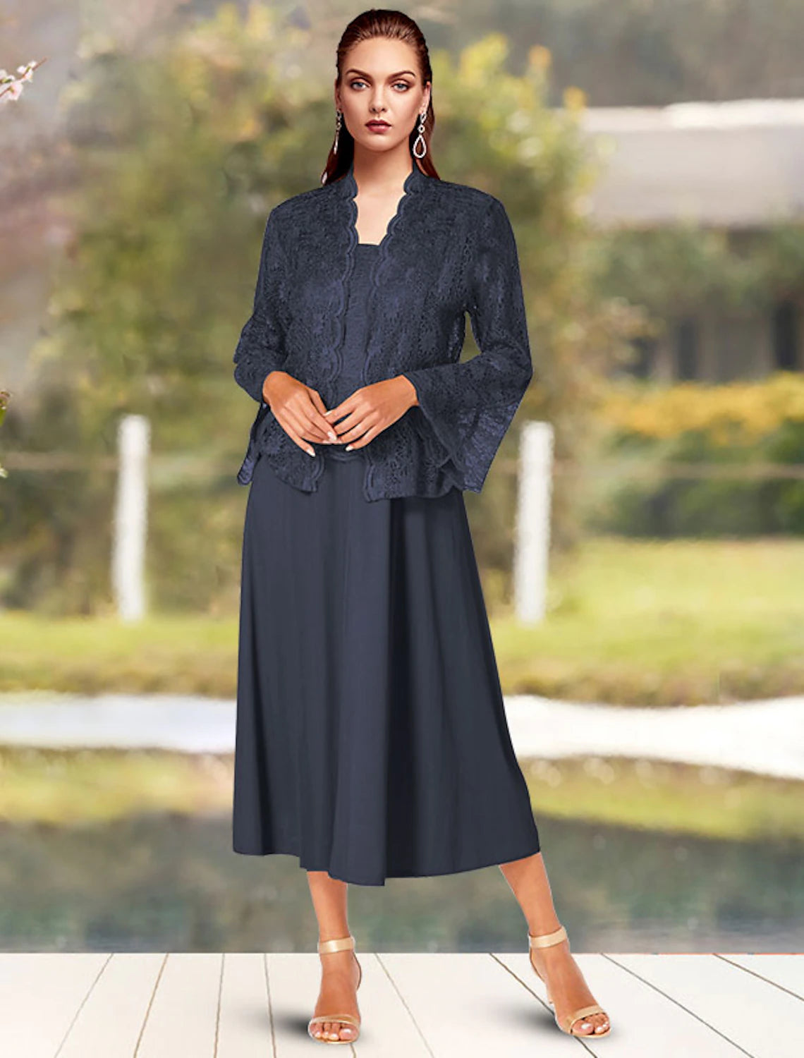 wholesale  Two Piece A-Line Mother of the Bride Dress Church Elegant Square Neck Spaghetti Strap Tea Length Chiffon Lace Sleeveless Short Jacket Dresses with Solid Color