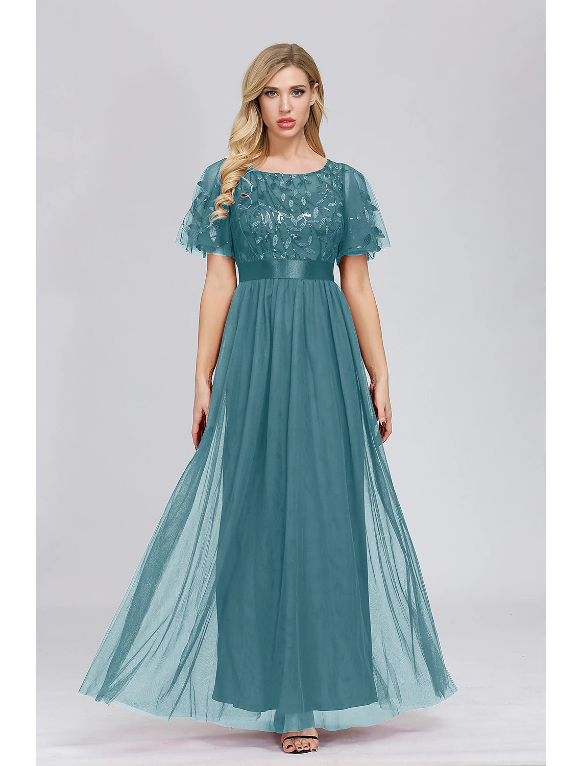 wholesa A-Line Empire Elegant Party Wear Prom Dress Jewel Neck Short Sleeve Floor Length Tulle with Embroidery / Illusion Sleeve