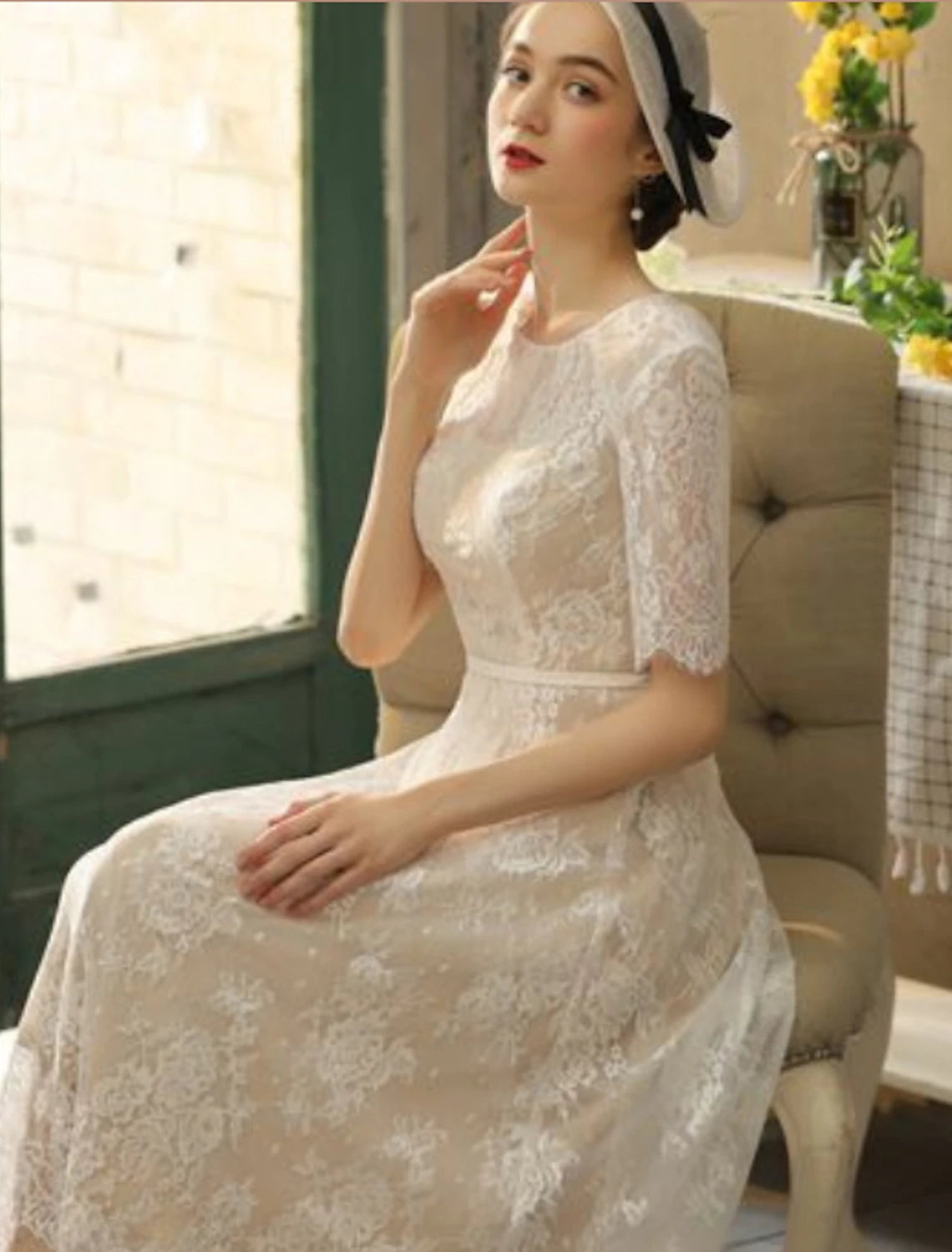wholesale  Reception Fall Wedding Dresses Little White Dresses in Color A-Line Illusion Neck Half Sleeve Tea Length Lace Bridal Gowns With Sash / Ribbon Appliques Summer Party