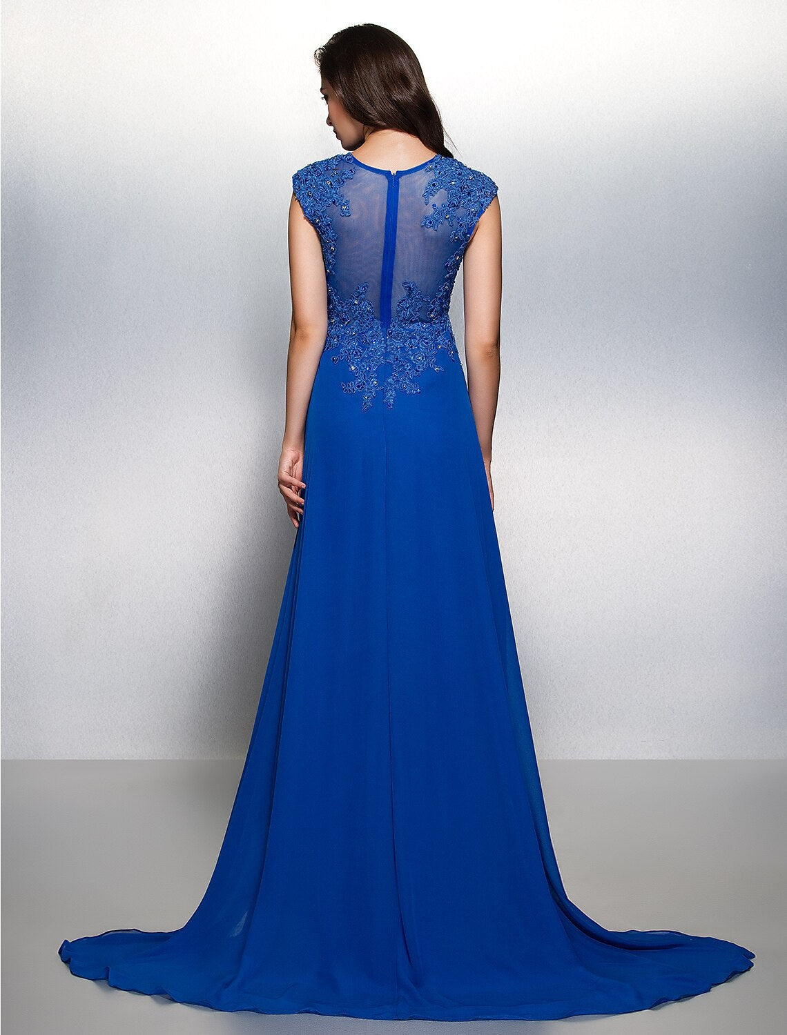 Wholesa Sheath / Column Elegant Floral Formal Evening Wedding Party Dress Illusion Neck Short Sleeve Sweep / Brush Train Chiffon with Appliques