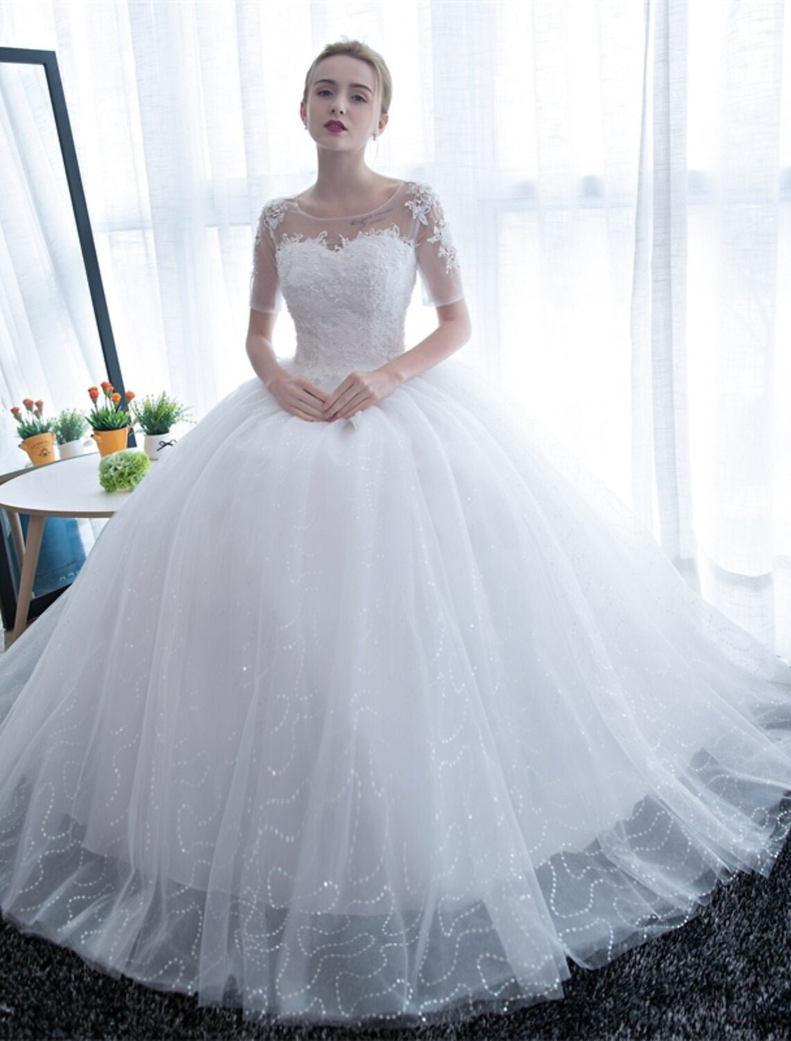 wholesale  Reception Formal Wedding Dresses Ball Gown Illusion Neck Half Sleeve Floor Length Satin Bridal Gowns With Lace