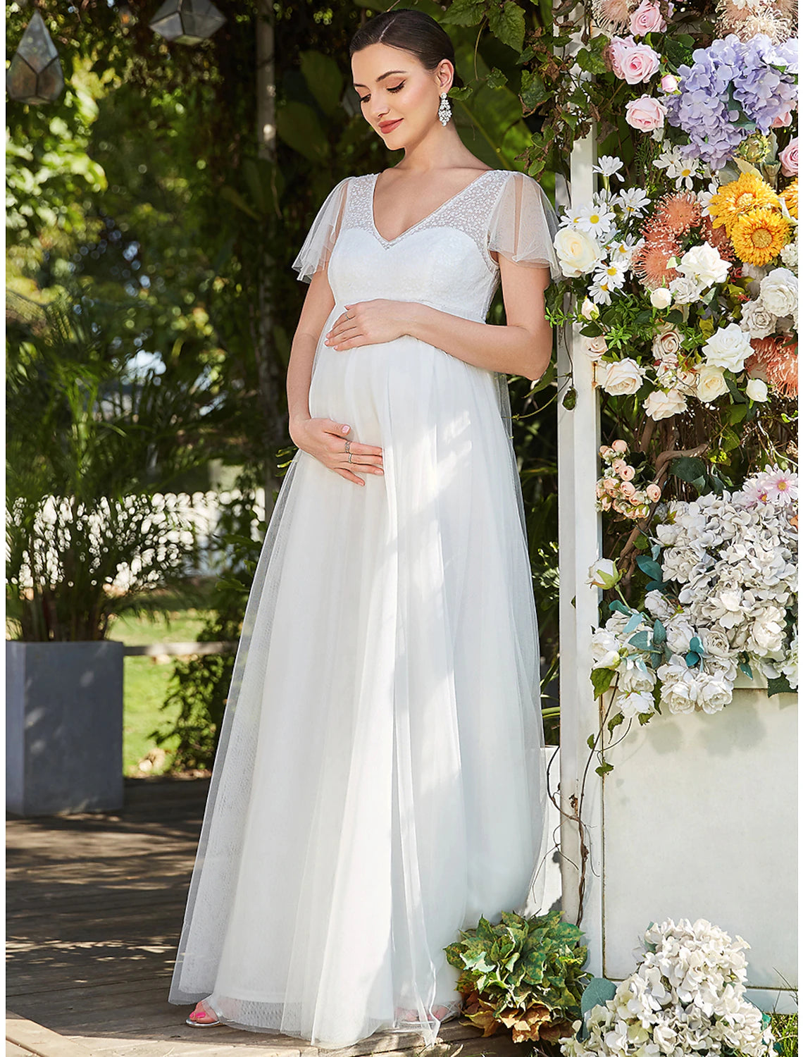 Wholesa A-Line Evening Gown Maternity Dress Formal Evening Floor Length Short Sleeve V Neck Bridesmaid Dress Tulle V Back with Pure Color Tiered