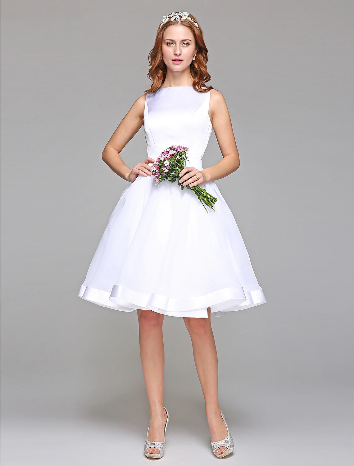 Wholesa  Wedding Dresses A-Line Bateau Neck Regular Straps Knee Length Satin Bridal Gowns With Bowknot Sash / Ribbon