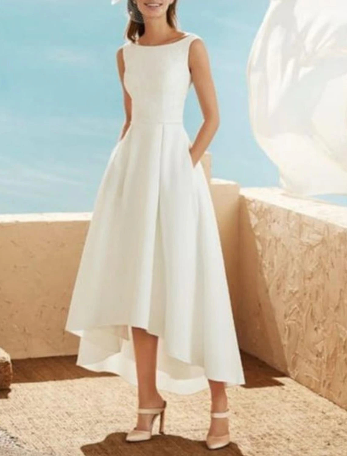 Wholesa Bridal Shower Little White Dresses Wedding Dresses A-Line Scoop Neck Sleeveless Asymmetrical Satin Bridal Gowns With Pleats