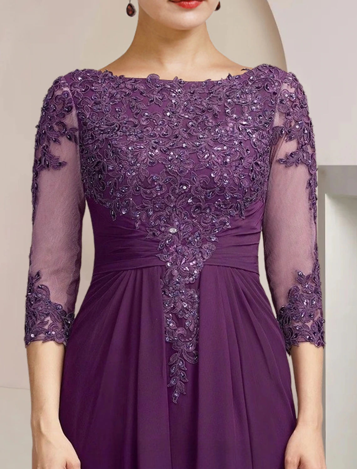 wholesale  Sheath / Column Mother of the Bride Dress Formal Fall Wedding Guest Elegant Sequin Scoop Neck Floor Length Chiffon Lace 3/4 Sleeve with Appliques Sparkle & Shine