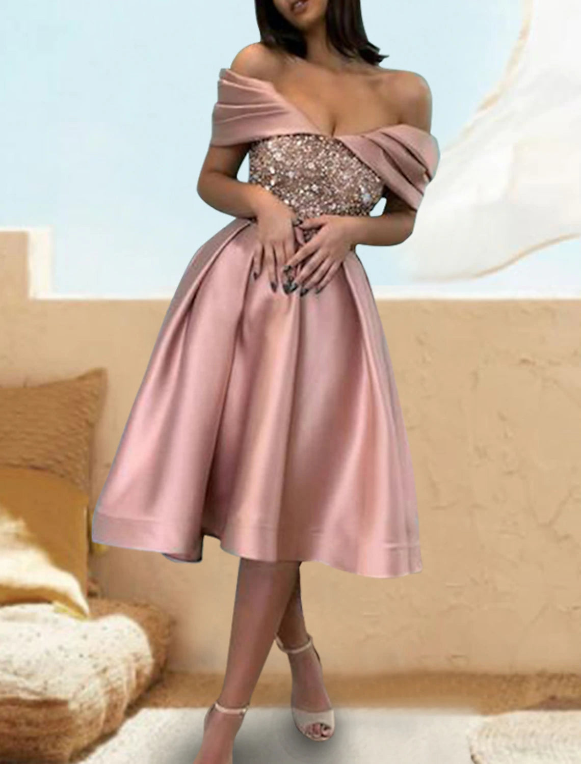 Wholesa A-Line Cocktail Dresses Elegant Dress Party Wear Wedding Party Knee Length Short Sleeve Off Shoulder Satin with Sequin Pure Color