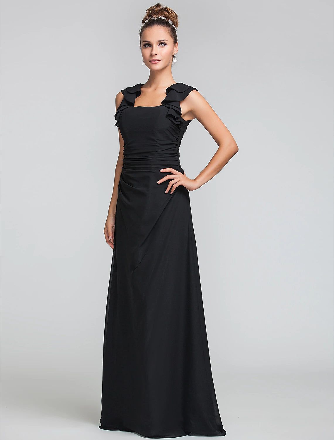 Wholesa  Sheath / Column Square Neck Floor Length Chiffon Bridesmaid Dress with Ruffles / Ruched