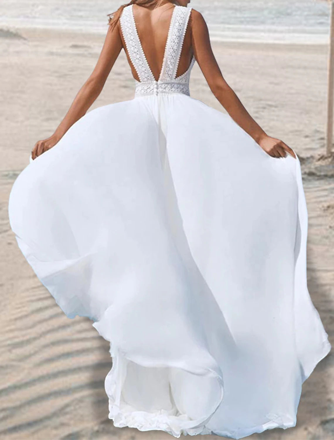 Wholesa  Beach Open Back Boho Wedding Dresses A-Line V Neck Sleeveless Floor Length Chiffon Bridal Gowns