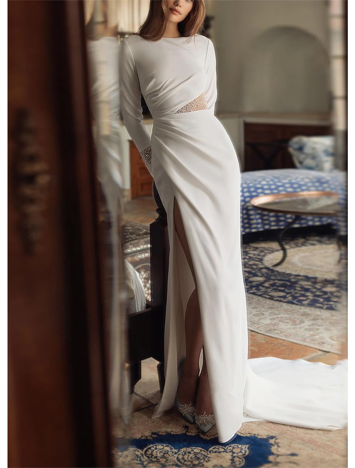 Wholesa Beach Formal Wedding Dresses A-Line Boat Neck Long Sleeve Floor Length Chiffon Bridal Gowns With Ruched Beading