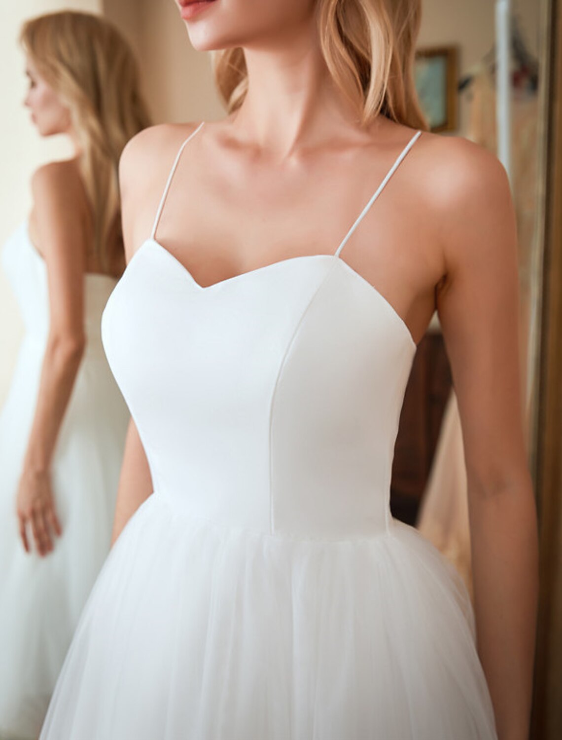 Wholesa  Reception Little White Dresses Wedding Dresses A-Line Sweetheart Camisole Spaghetti Strap Tea Length Satin Bridal Gowns With Solid Color